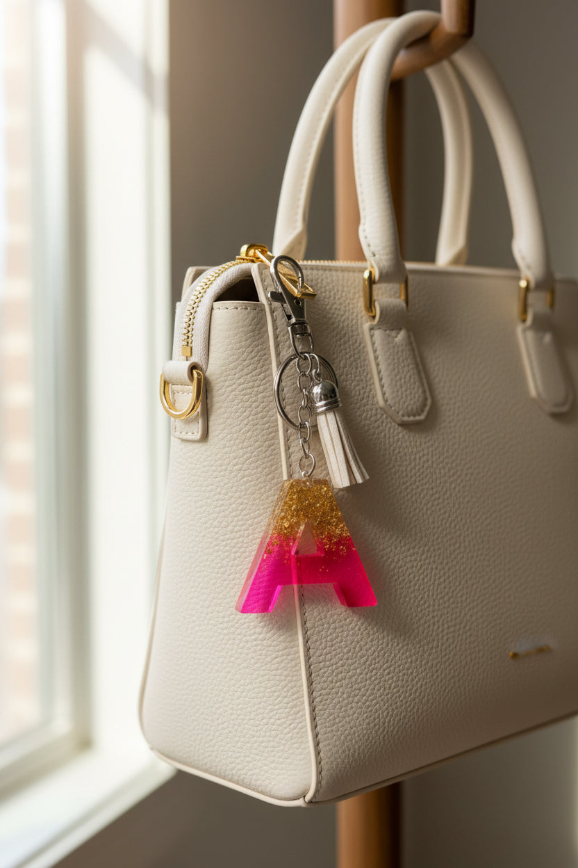 Keychain with letter 'A' on a bag