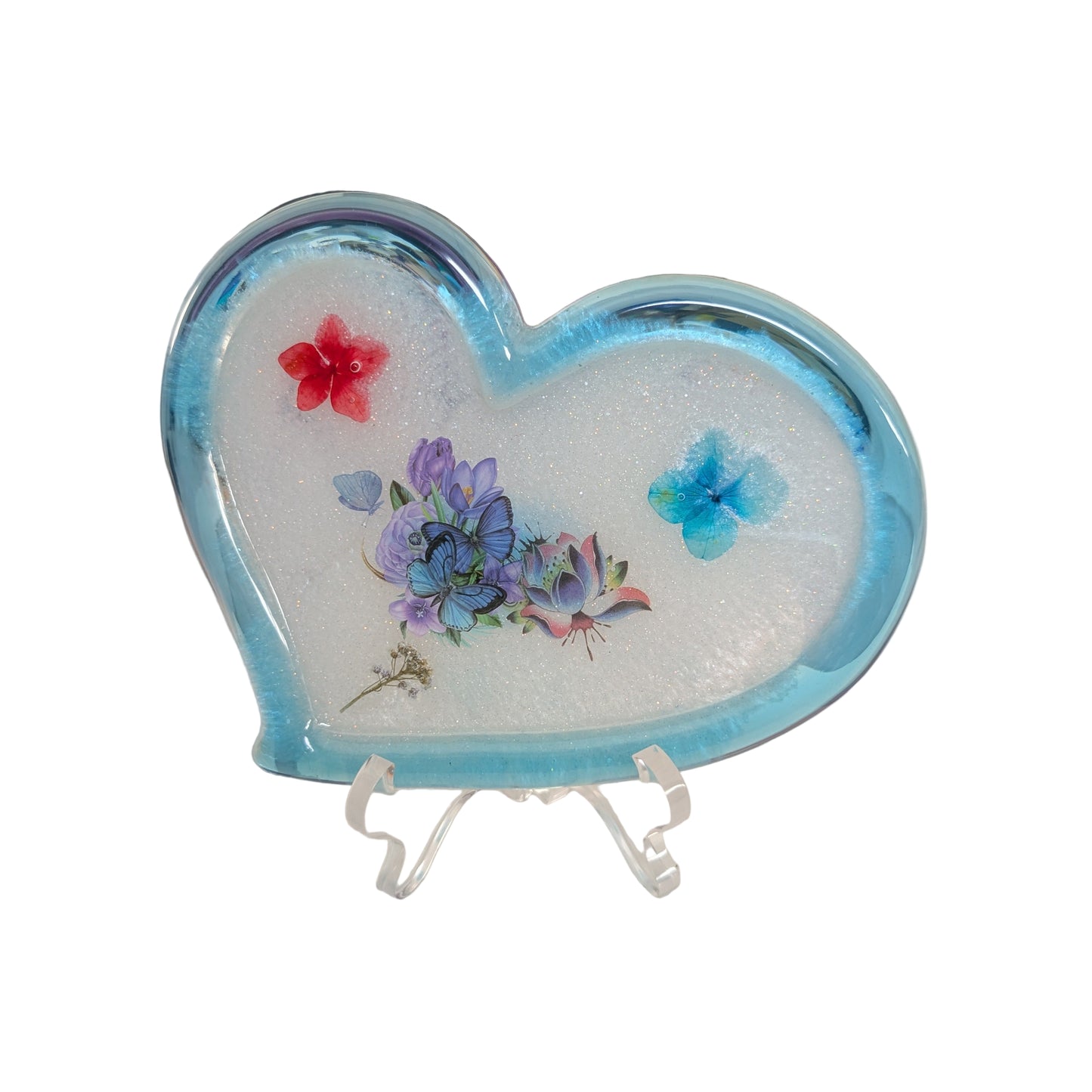 Heart shaped with dried flowers resin tray with clear stand