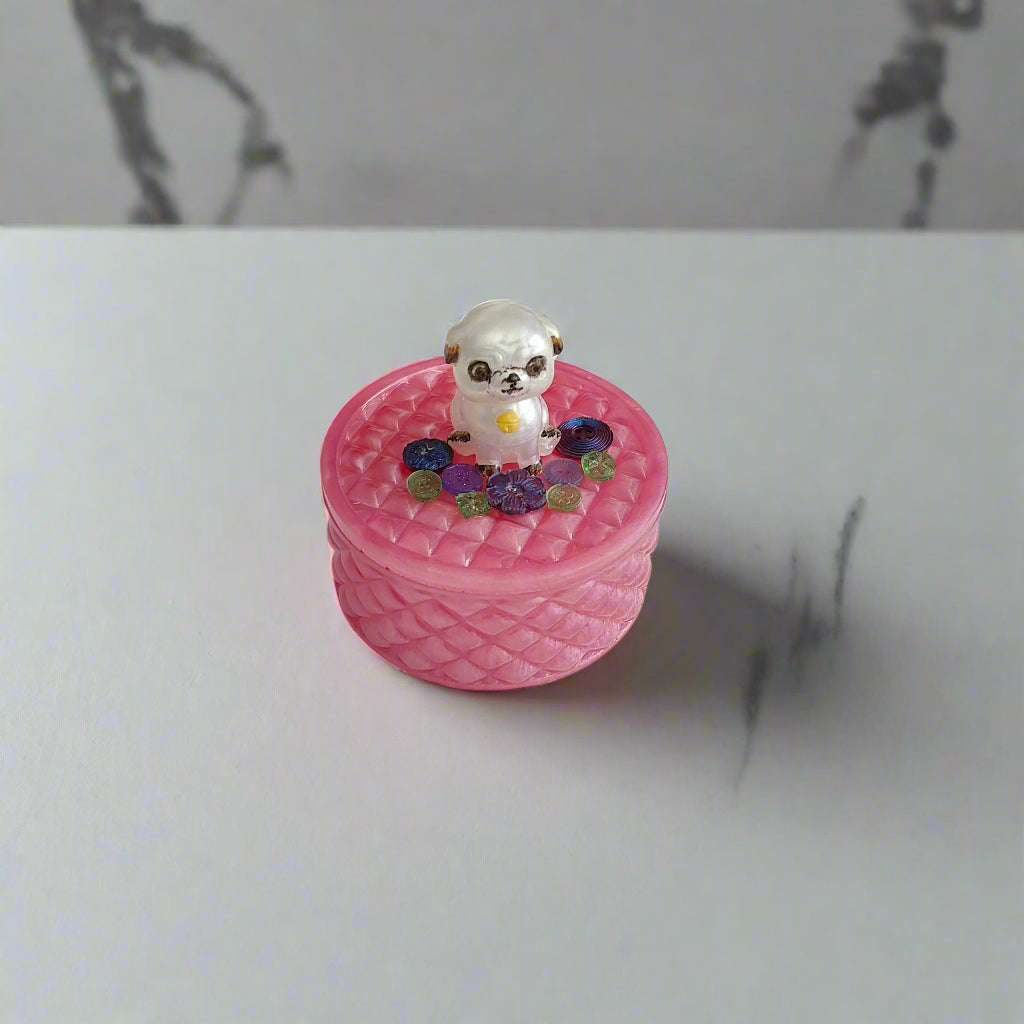 Handmade round resin trinket box with 3D pug dog lid for jewelry storage and home decor.