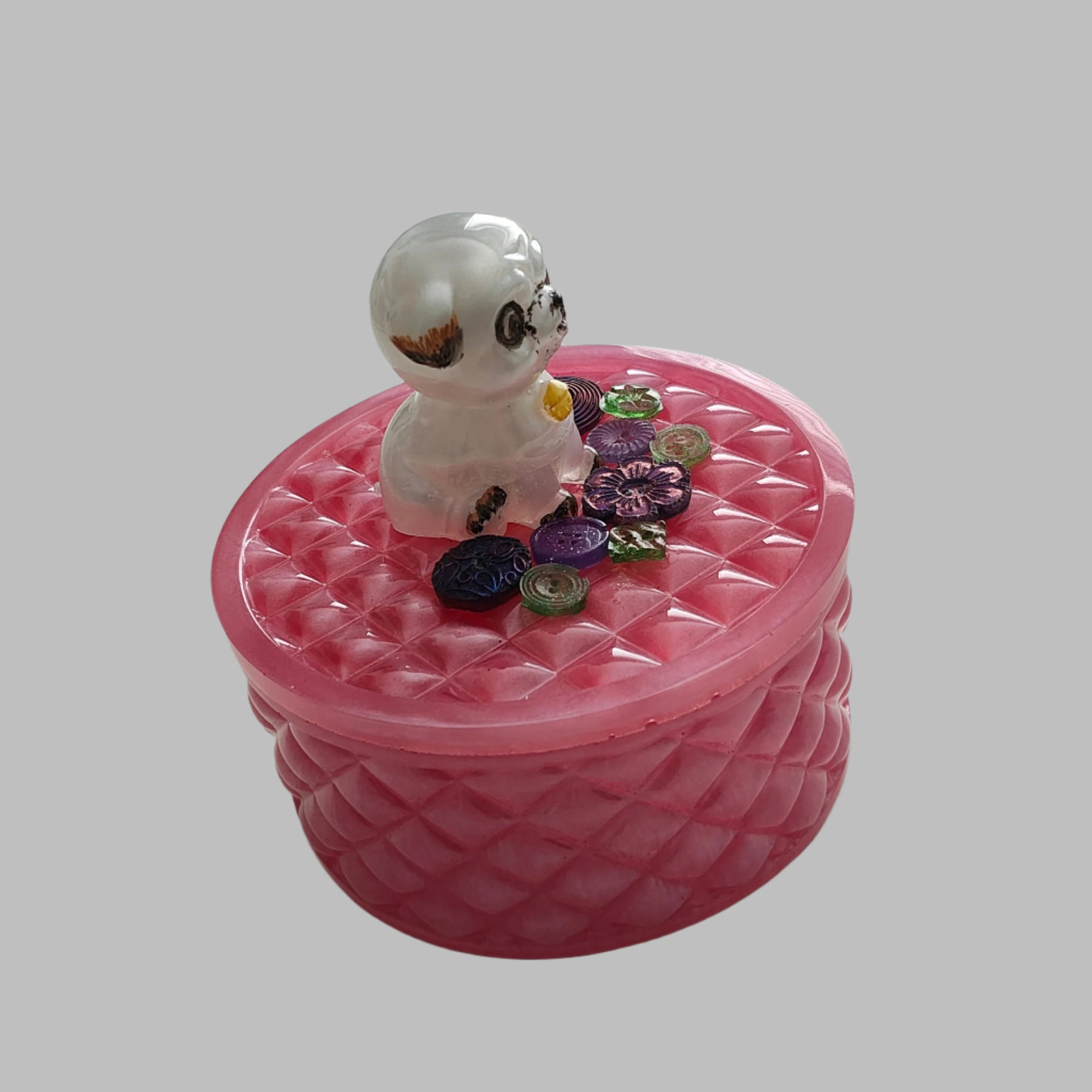 Handmade round resin trinket box with 3D pug dog lid for jewelry storage and home decor.