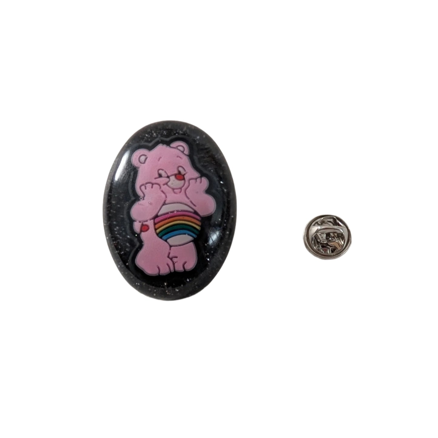 This 3D Care Bears resin pin adds a playful and nostalgic touch to any outfit or accessory. Crafted with detailed resin and secured by a silver butterfly clutch, it ensures both style and durability. Perfect for collectors or fans looking to brighten their day with a charming, wearable keepsake.