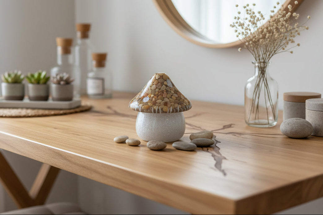 Decorative mushroom on a wooden surface with a neutral background