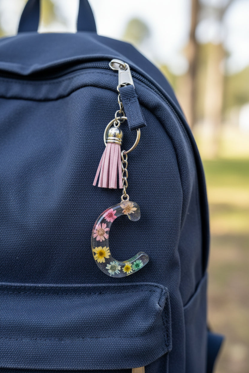Keychain with floral design on a marble surface