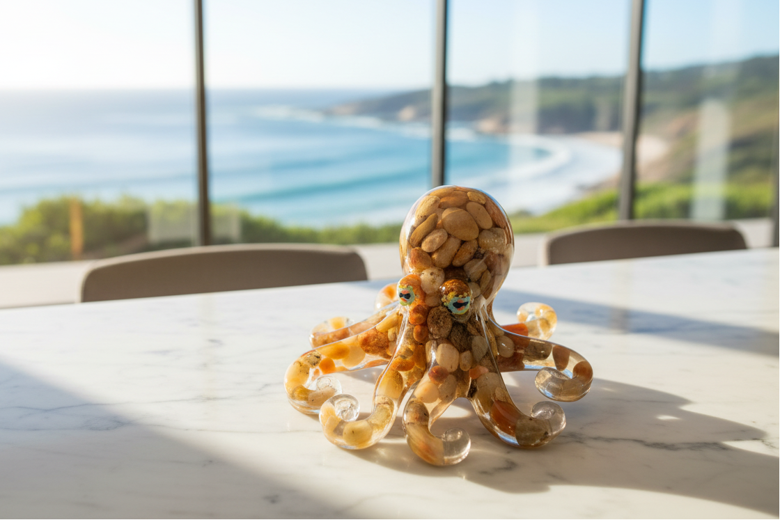 Small octopus figurine on a table with a scenic view of the ocean through large windows.