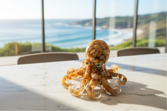 Small octopus figurine on a table with a scenic view of the ocean through large windows.