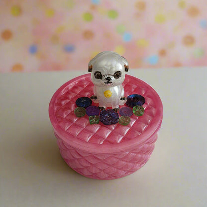 Handmade round resin trinket box with 3D pug dog lid for jewelry storage and home decor.