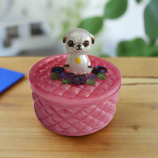 Handmade round resin trinket box with 3D pug dog lid for jewelry storage and home decor.