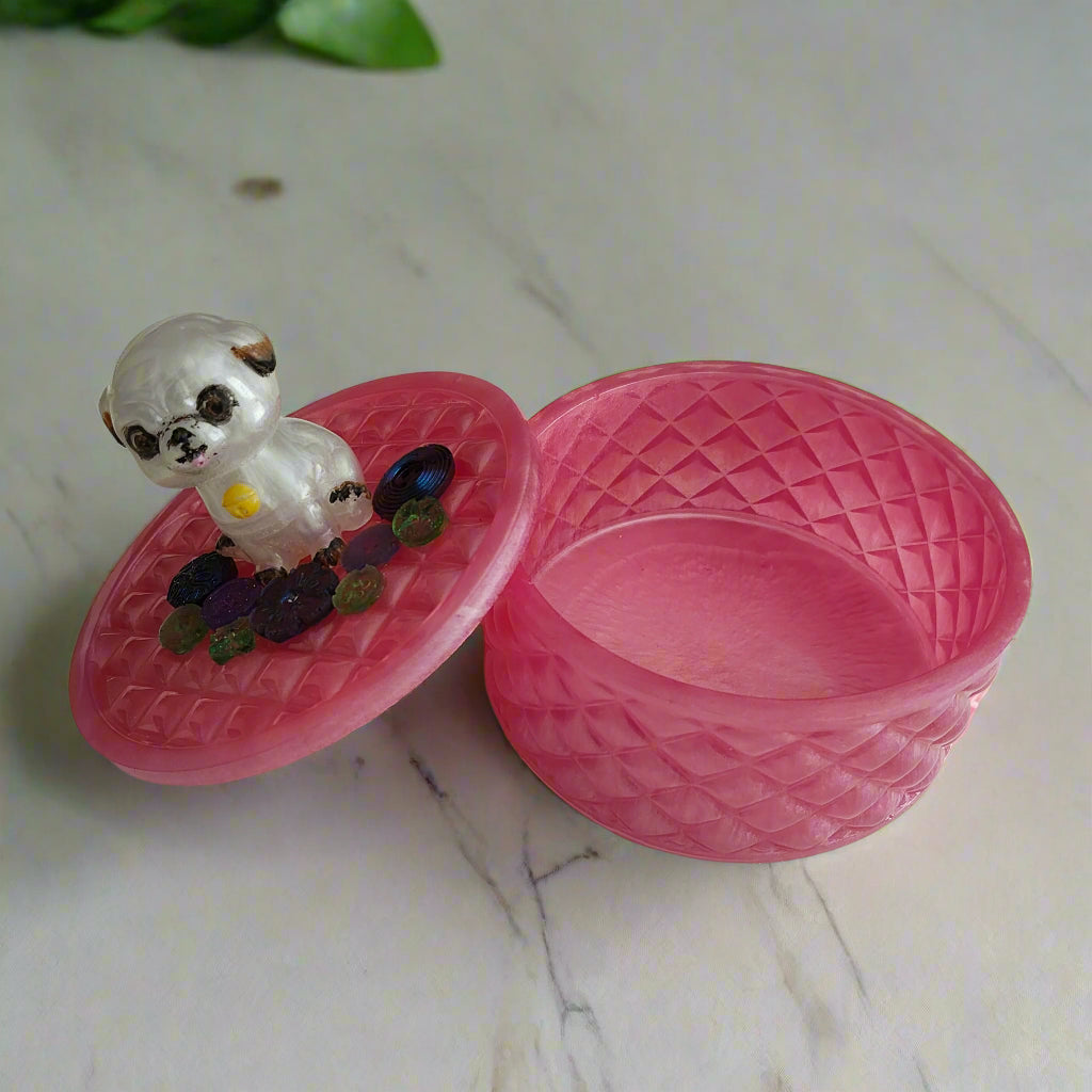 Handmade round resin trinket box with 3D pug dog lid for jewelry storage and home decor.