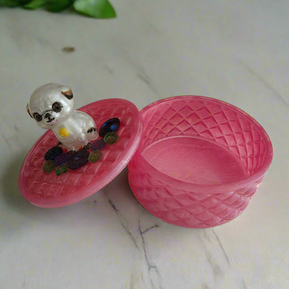 Handmade round resin trinket box with 3D pug dog lid for jewelry storage and home decor.