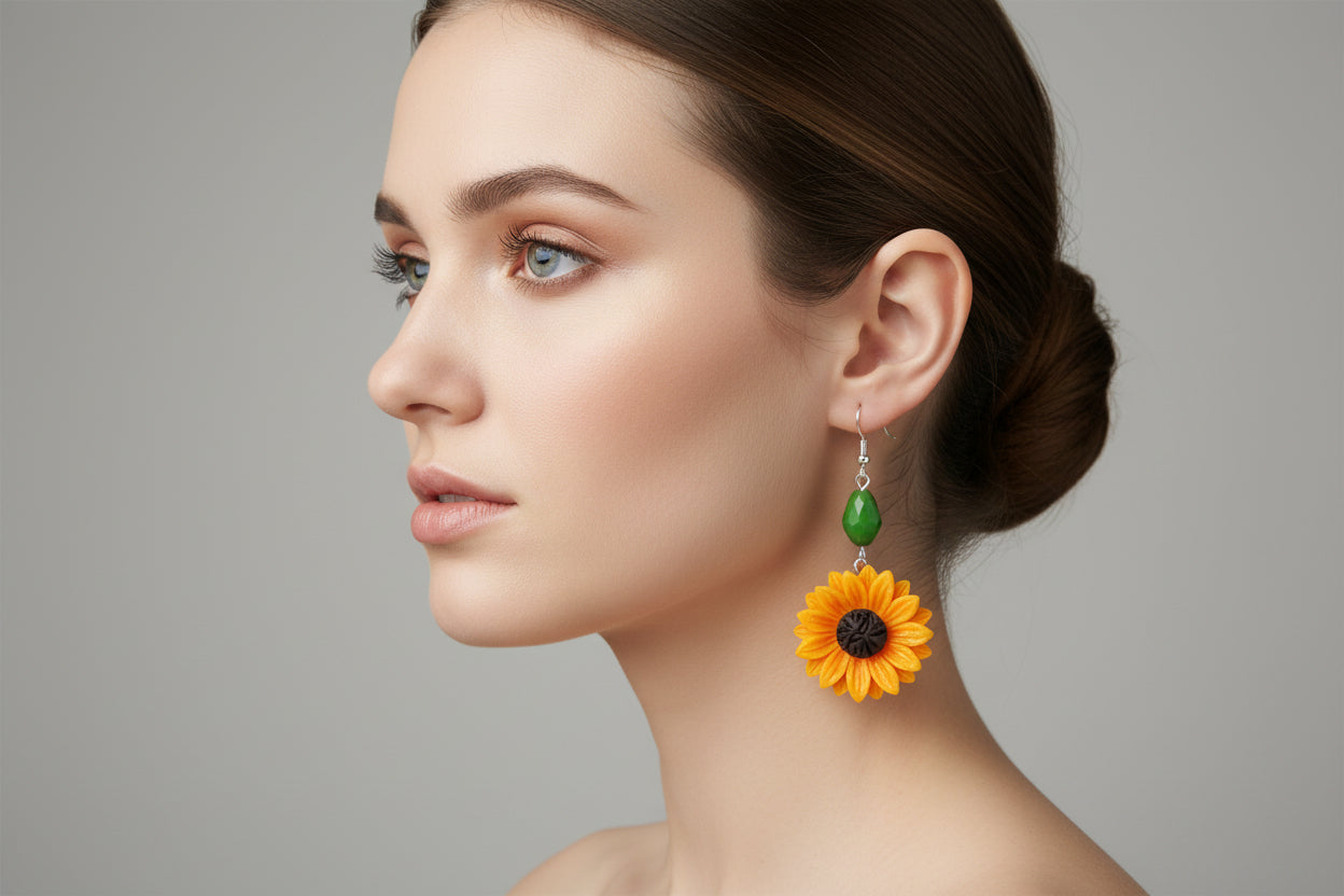 Add a touch of sunshine to any outfit with our Sunflower Earrings! Featuring a vibrant green bead and a playful sunflower design on a silver hook, these earrings are sure to make a statement. At 2.25 inches long and weighing only 0.27 ounces, they are lightweight and comfortable to wear all day. (Flower power never felt so good!)
