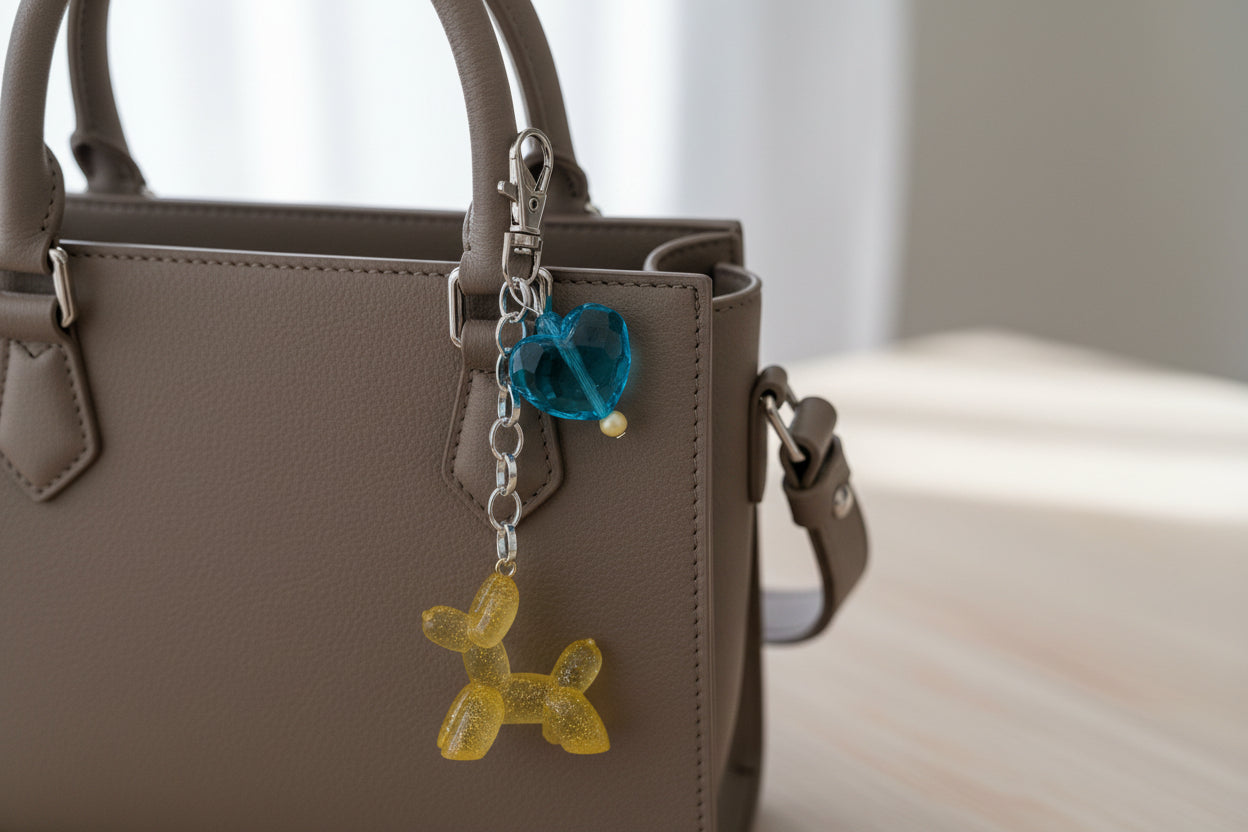 Keychain with a yellow dog-shaped charm and blue heart-shaped charm on a bag