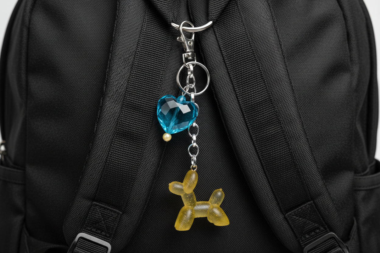 Keychain with yellow dog-shaped charm and blue heart-shaped charm on a backpack