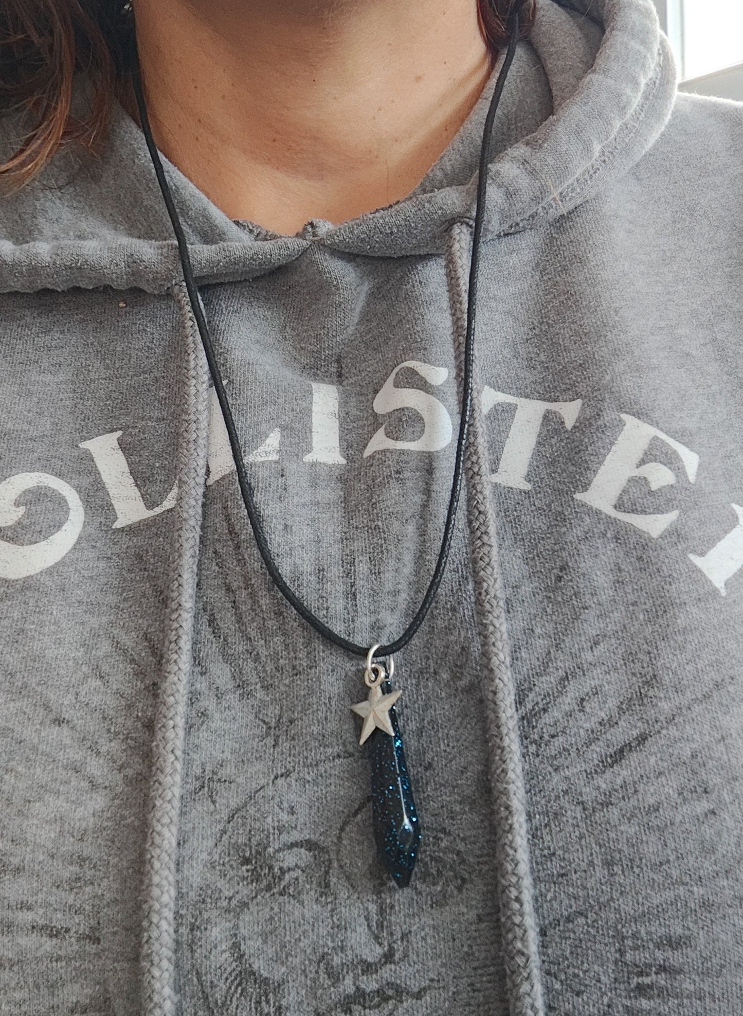 Necklace - Adjustable black waxed cotton cord with resin crystal and silver star charm