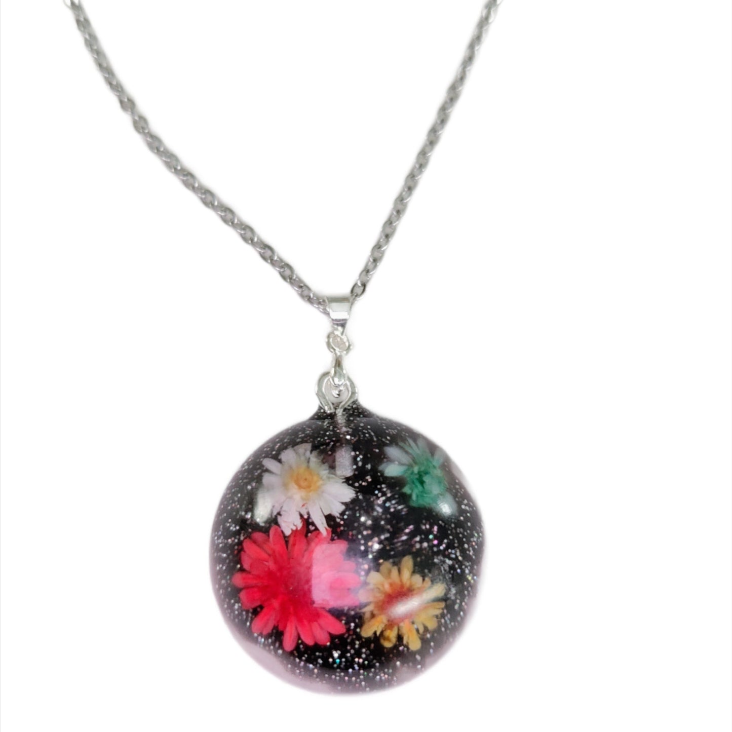 Necklace - 15.75 inches stainless steel link cable chain with resin dried flowers pendant