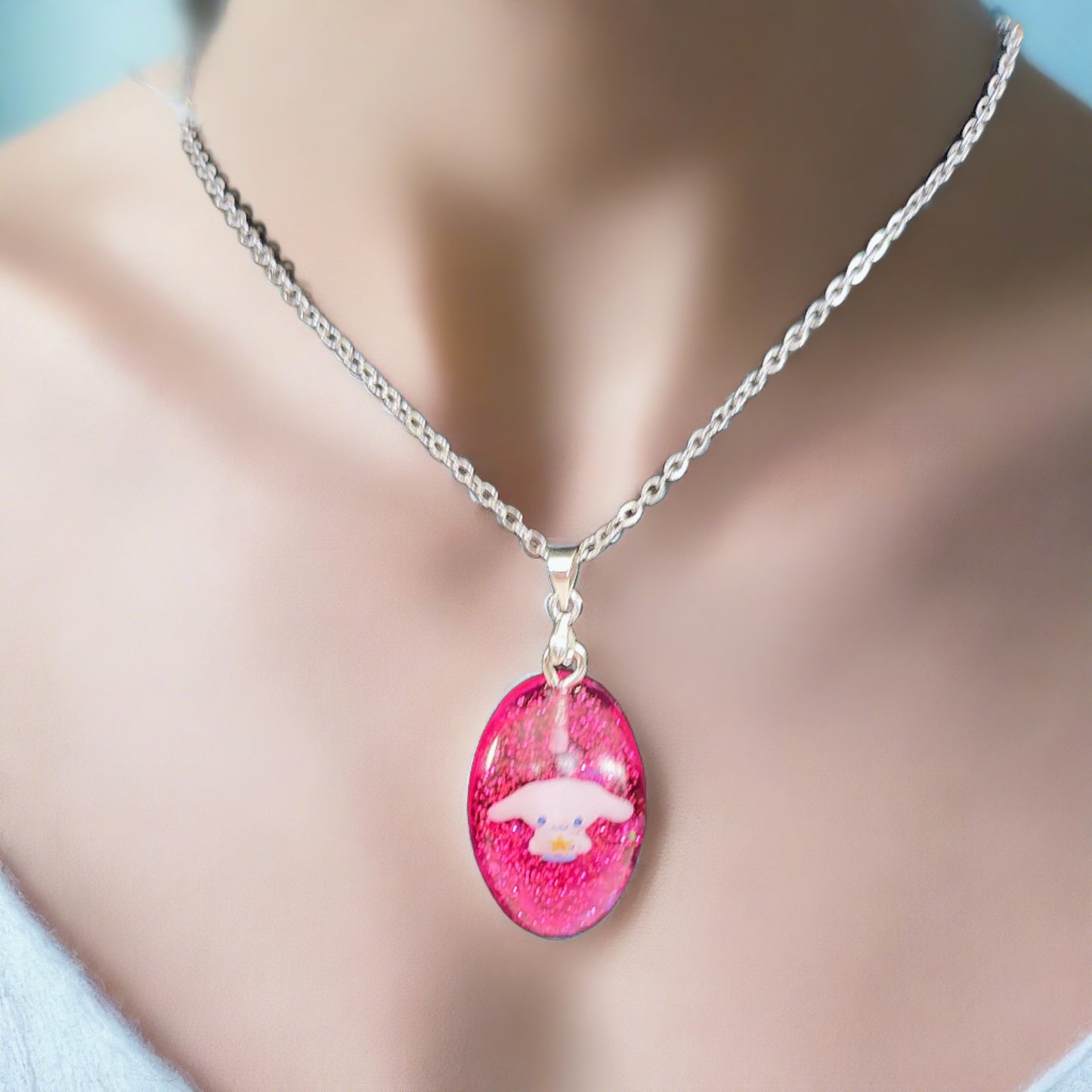 Necklace - 15.75 inches stainless steel link cable chain with resin Cinnamoroll character pendant