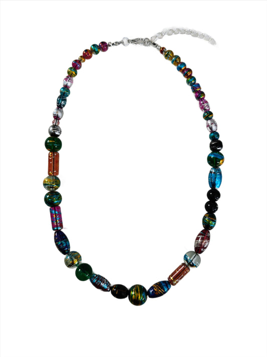 Necklace - 16 inches 0.5mm black waxed polyester cord multicolored glass beads