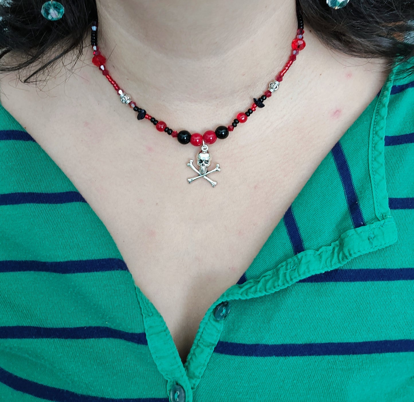 Necklace - 15 inches red & black beaded necklace with silver skull charm