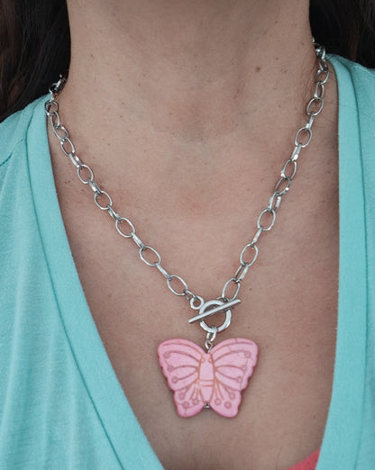 Necklace - 18 inches silver chain with stone butterfly and toggle Jewelry Clasp