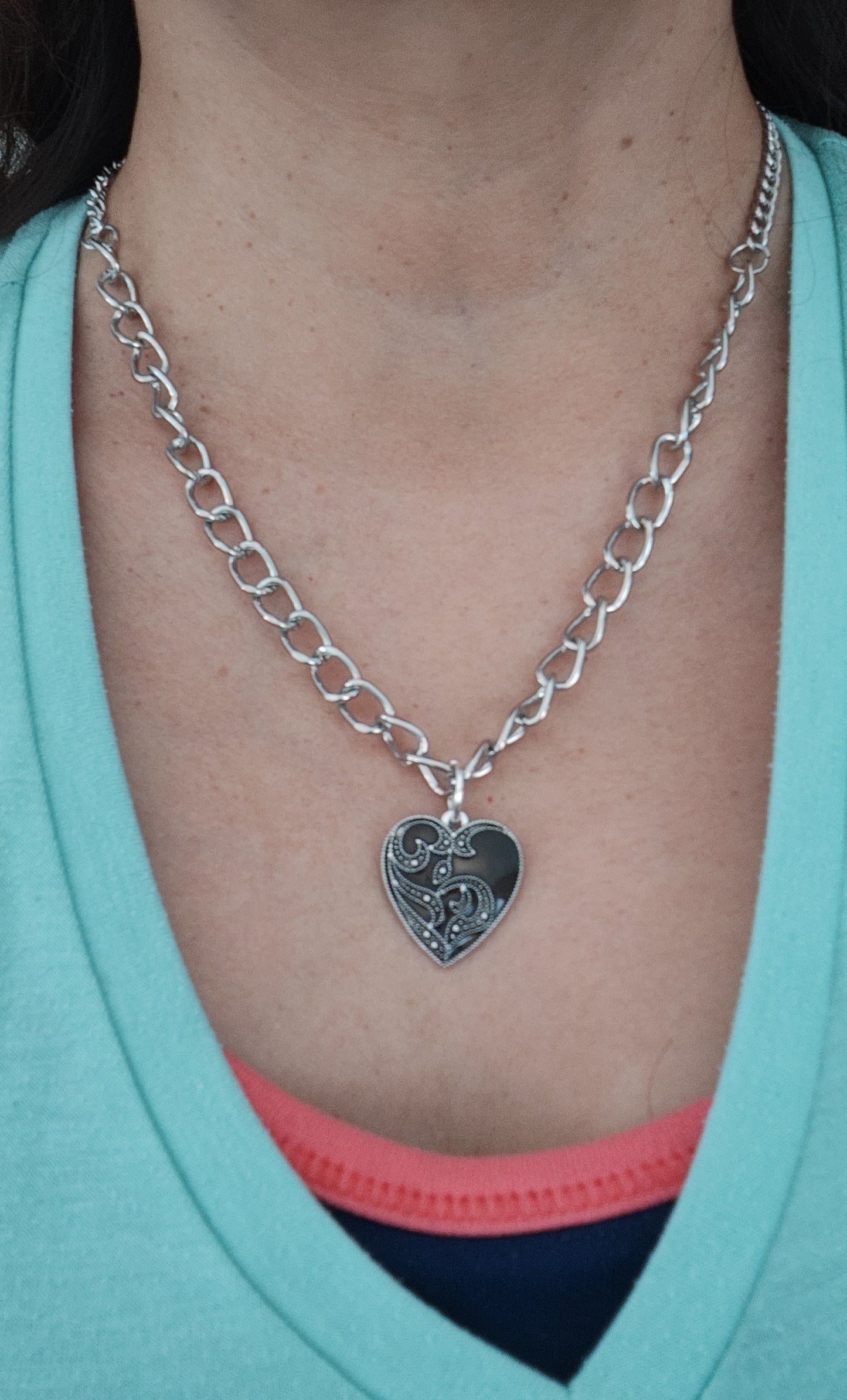 Necklace - 19 inches silver chain with silver heart charm and silver lobster Clasp