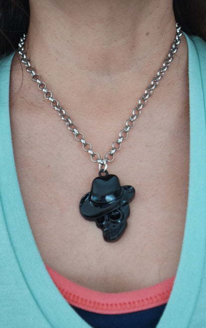 Necklace - 18 inches silver chain with black skull charm and silver lobster Clasp