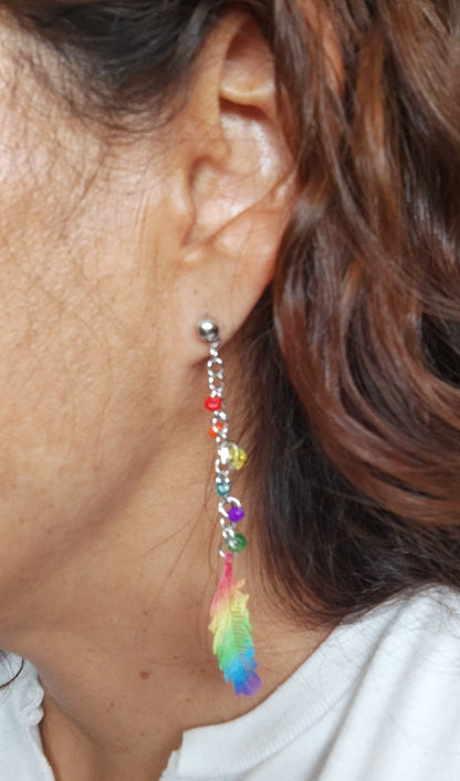 Earrings - Filigree feather with stainless steel chain and seeds beads on ball post stud