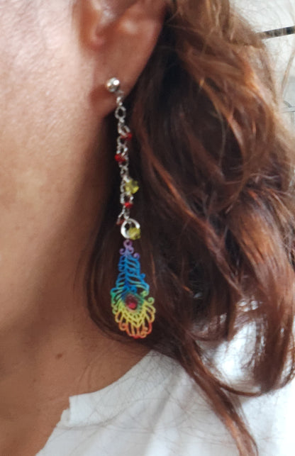 Earrings - Filigree feather with stainless steel chain and seeds beads on ball post stud