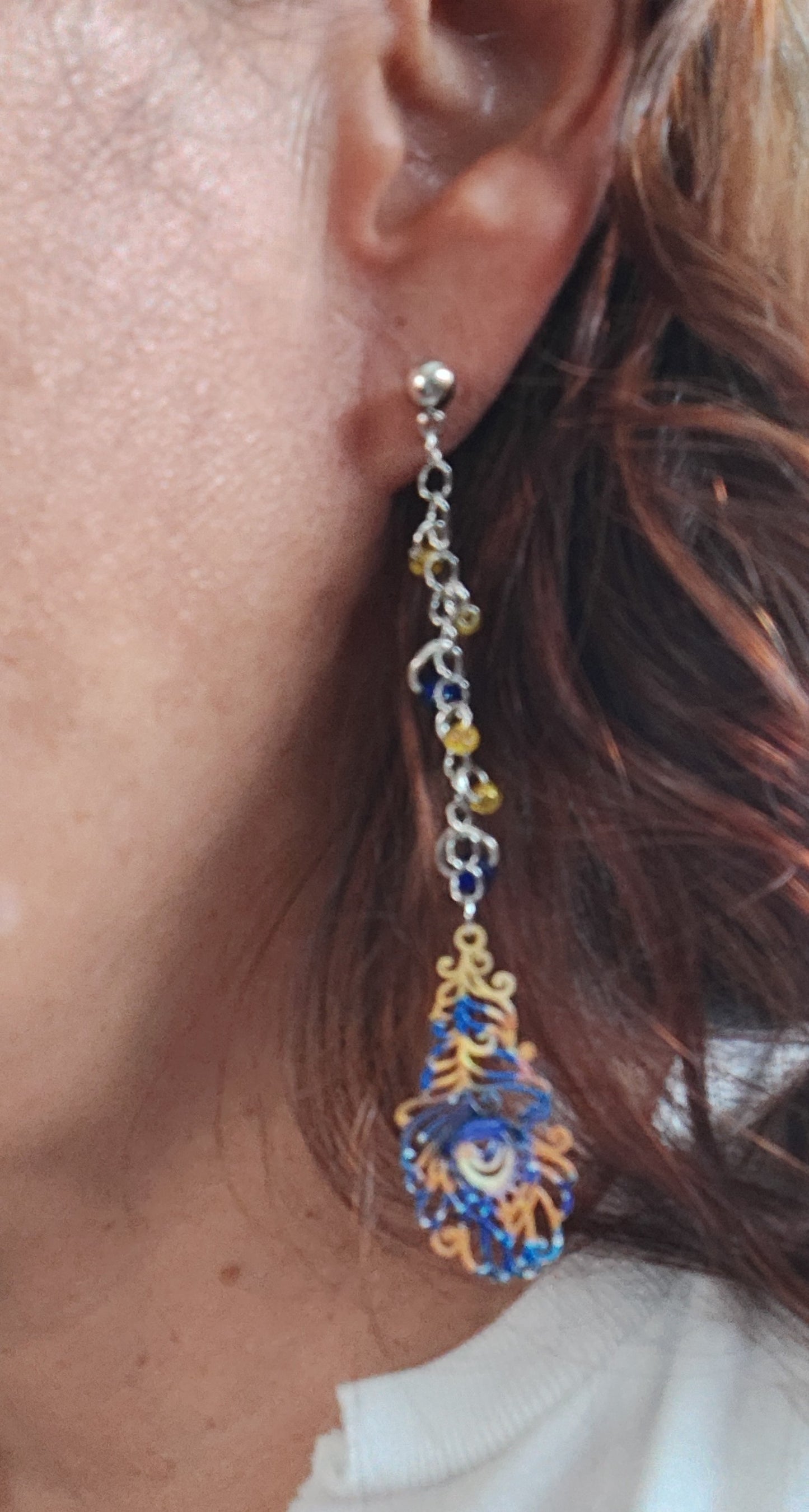 Earrings - Filigree feather with stainless steel chain and seeds beads on ball post stud