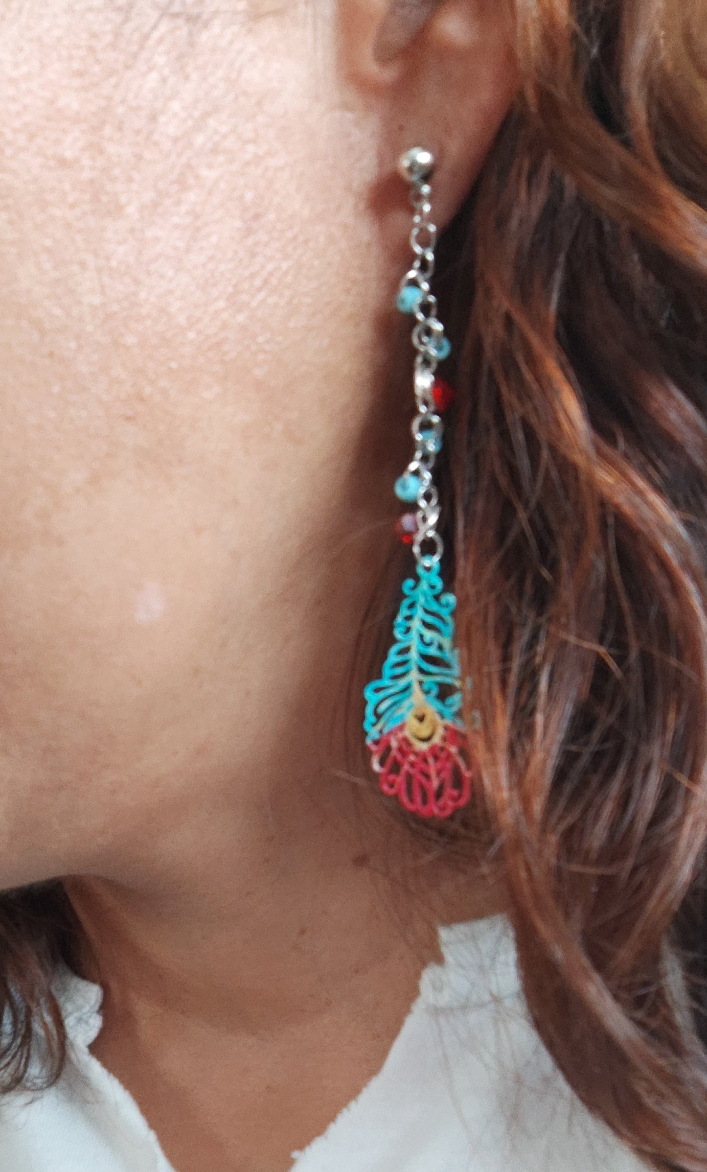 Earrings - Filigree feather with stainless steel chain and seeds beads on ball post stud