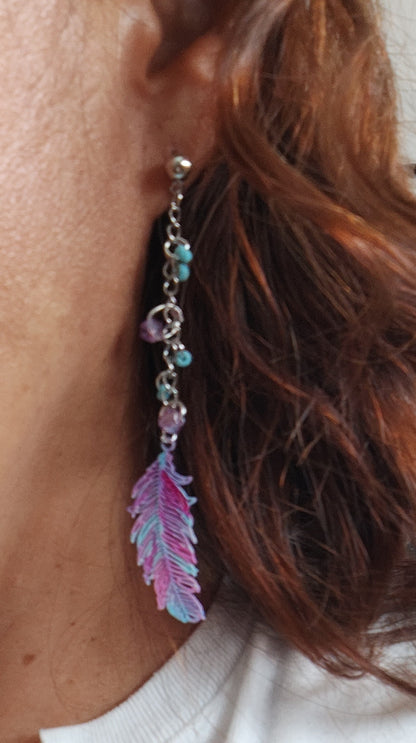 Earrings - Filigree feather with stainless steel chain and seeds beads on ball post stud