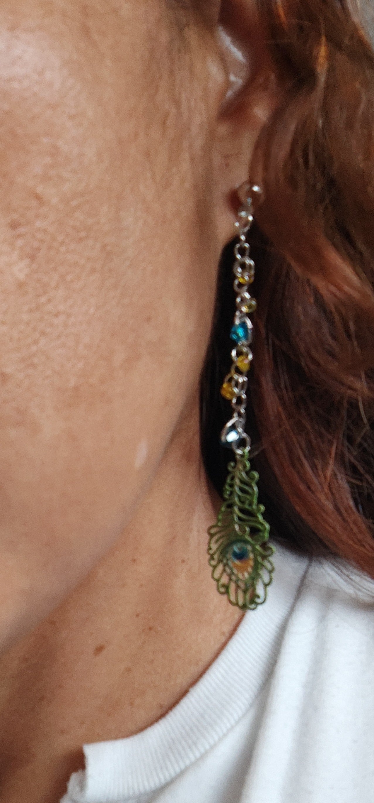 Earrings - Filigree feather with stainless steel chain and seeds beads on ball post stud