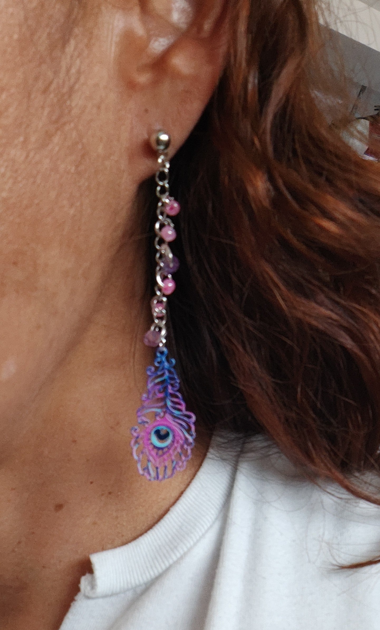 Earrings - Filigree feather with stainless steel chain and seeds beads on ball post stud