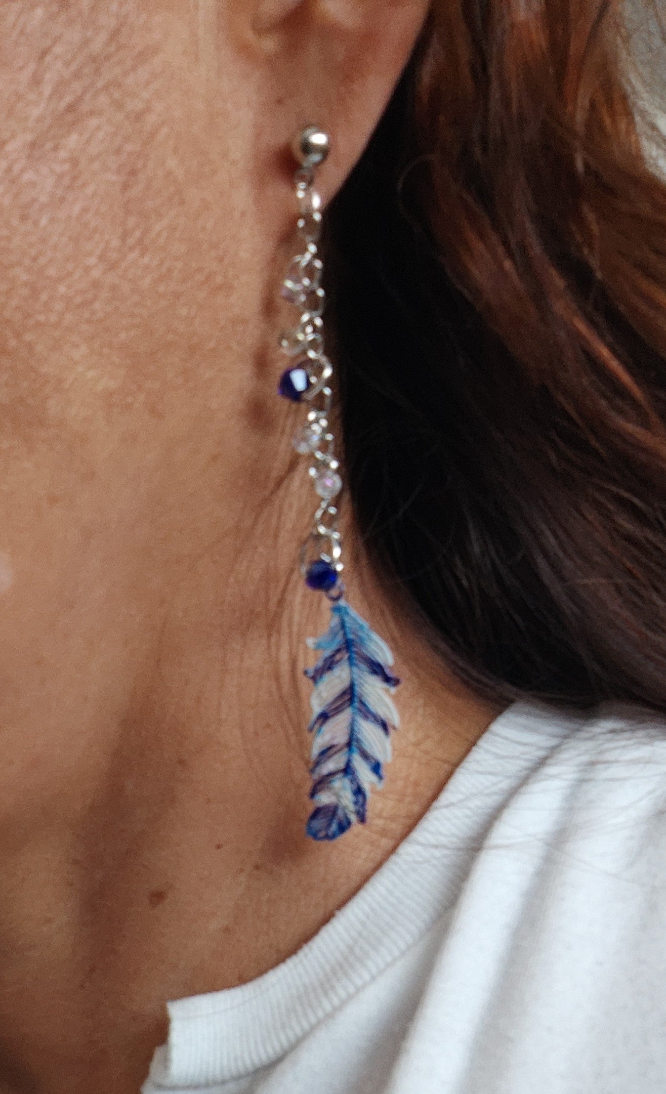 Earrings - Filigree feather with stainless steel chain and seeds beads on ball post stud