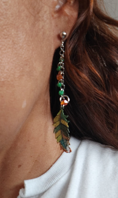 Earrings - Filigree feather with stainless steel chain and seeds beads on ball post stud