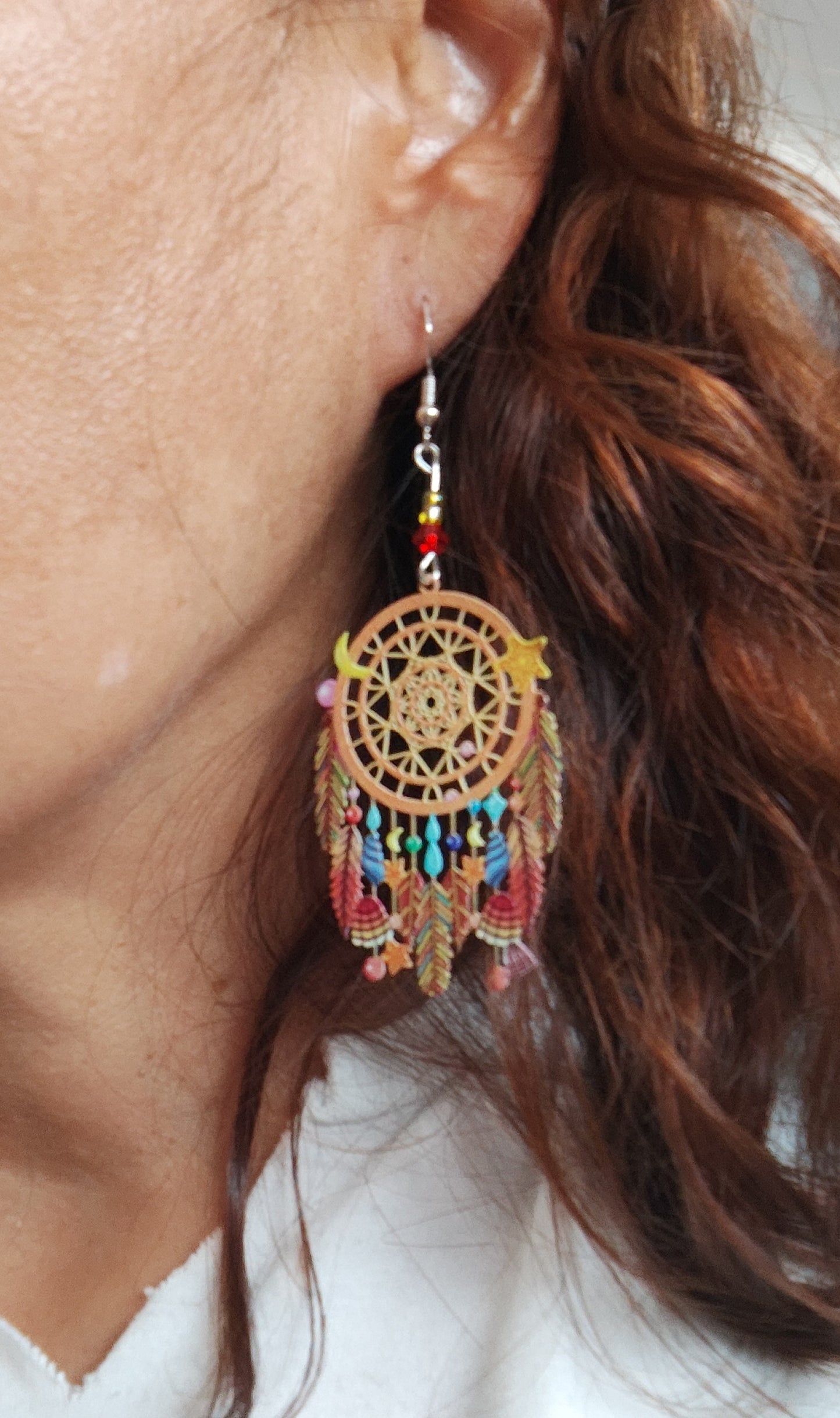 Earrings - Filigree dream catcher with beads on silver hook