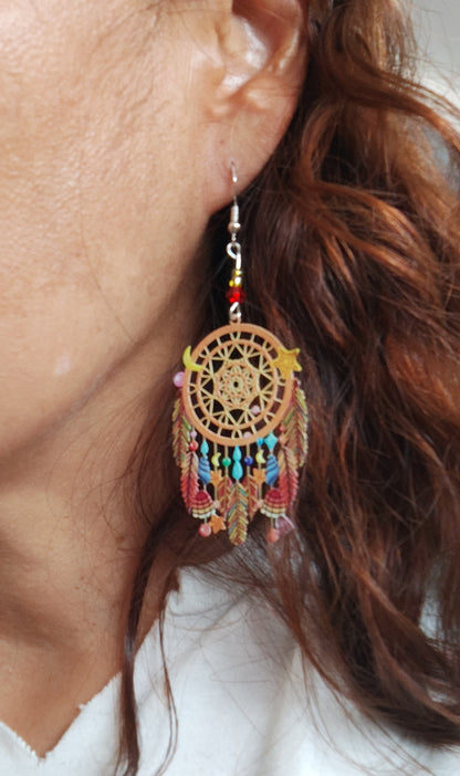 Earrings - Filigree dream catcher with beads on silver hook