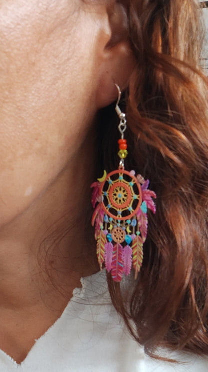 Earrings - Filigree dream catcher with beads on silver hook