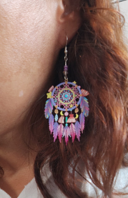 Earrings - Filigree dream catcher with beads on silver hook