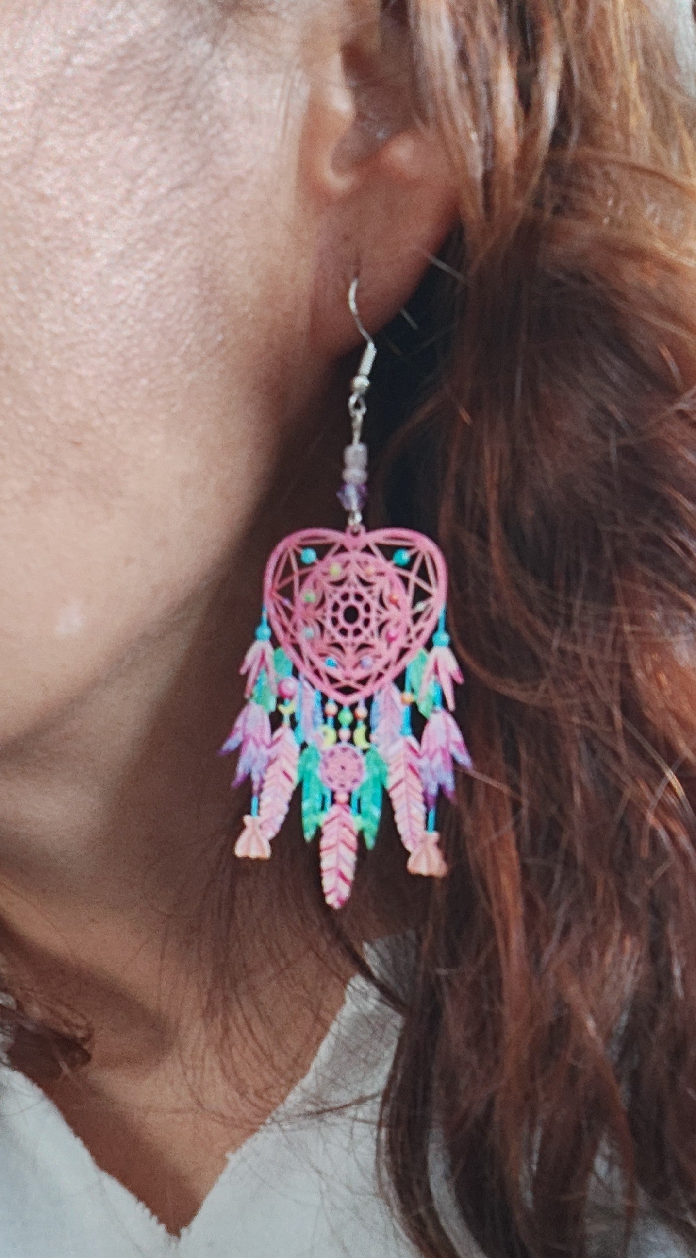 Earrings - Filigree dream catcher with beads on silver hook