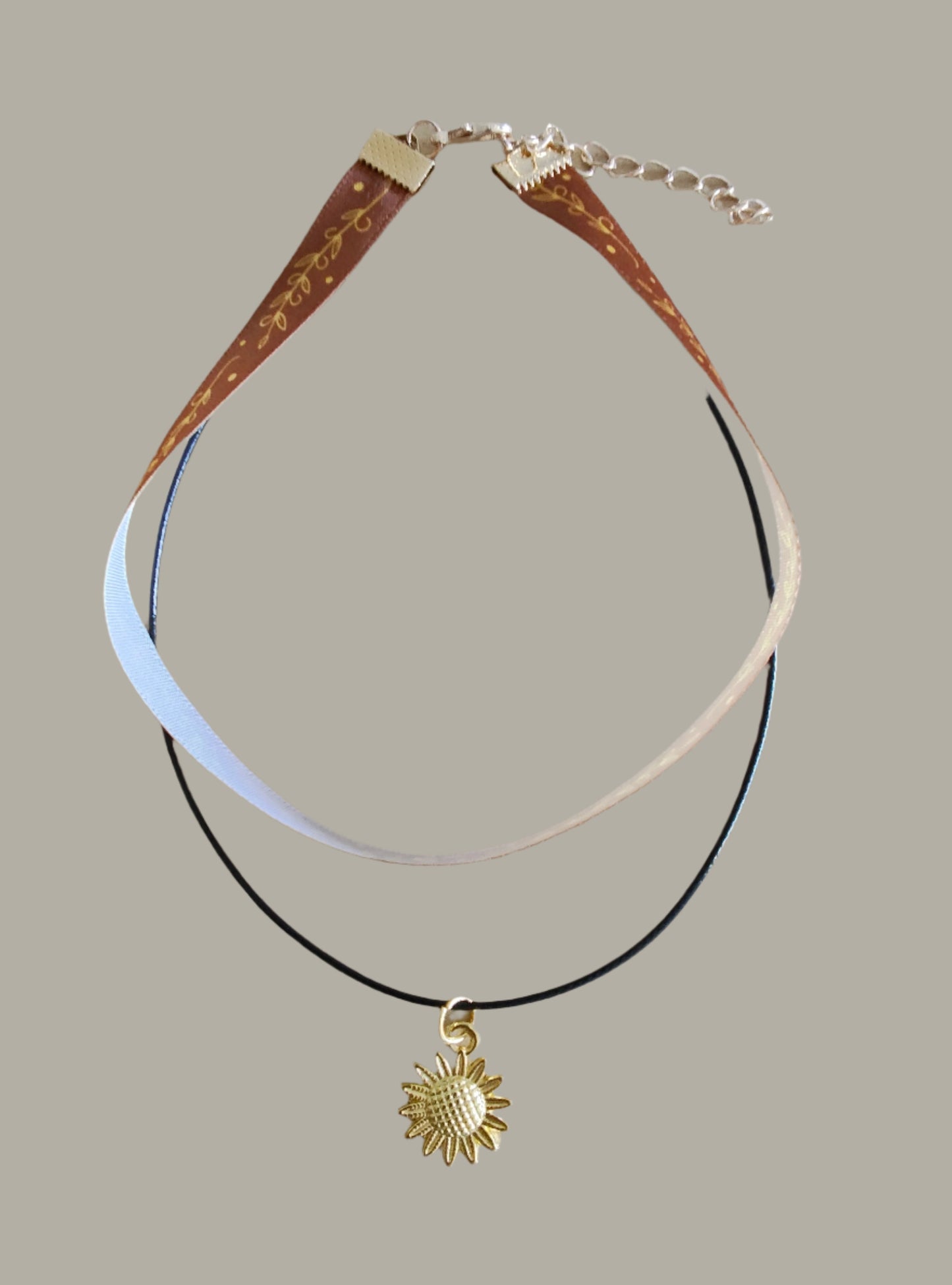 Necklace - Choker fall satin metallic leaves ribbon with one polyester strand and one gold charm