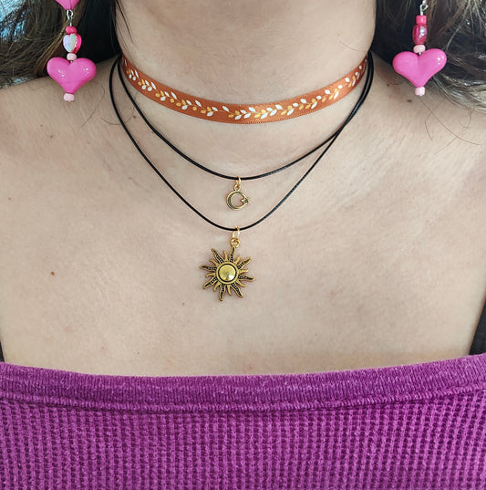 Necklace - Choker fall satin metallic leaves ribbon with two polyester strands and two gold charms