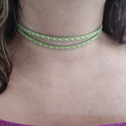 Necklace - Choker 5 mm studded olive green faux suede cord