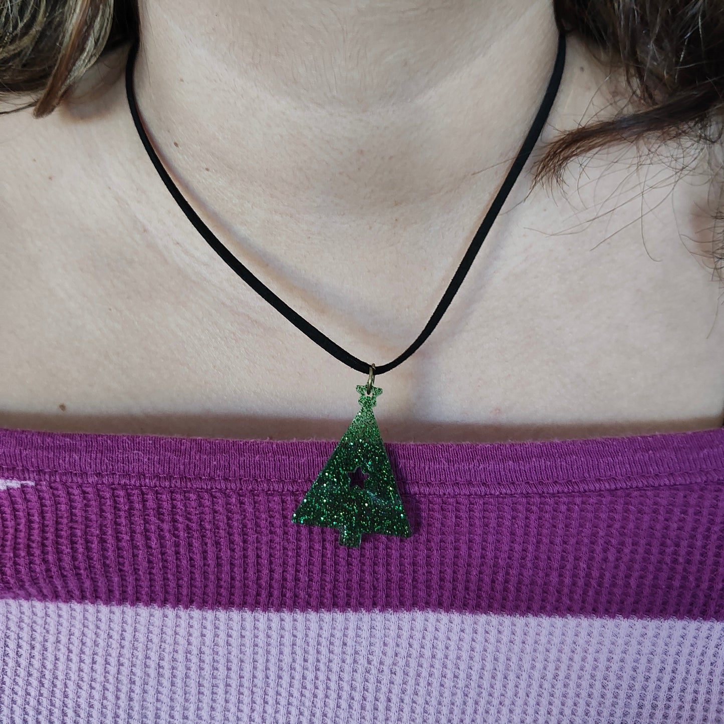 Necklace - 17.5 inches black suede cord with resin holiday pendant