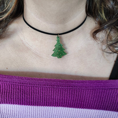 Necklace - 13.5 inches black suede cord with resin holiday pendant