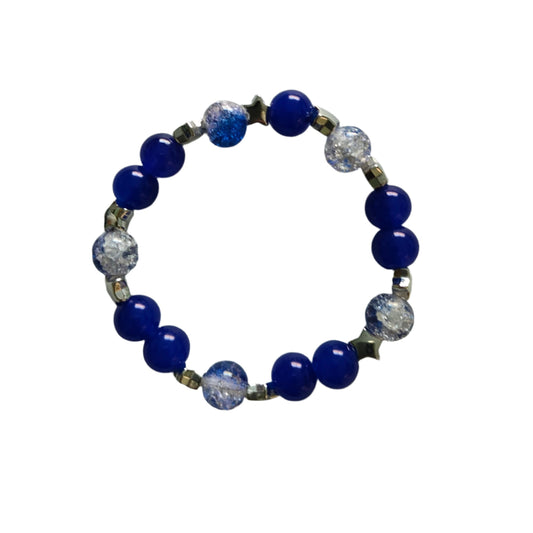 Bracelet - Elastic 8mm navy & blue crackle glass beads with silver spacer beads