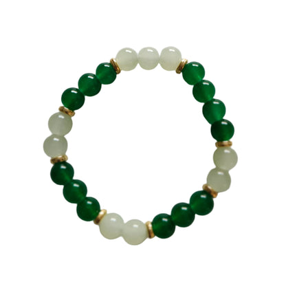 Bracelet - Elastic Green 8mm glass beads with gold spacer beads