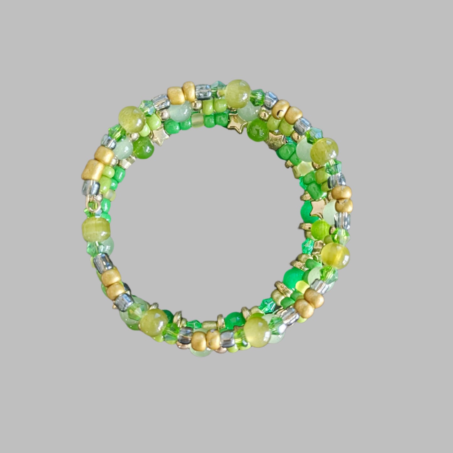 Bracelet - 4 coil Green beads with  gold spacer beads memory wire bracelet