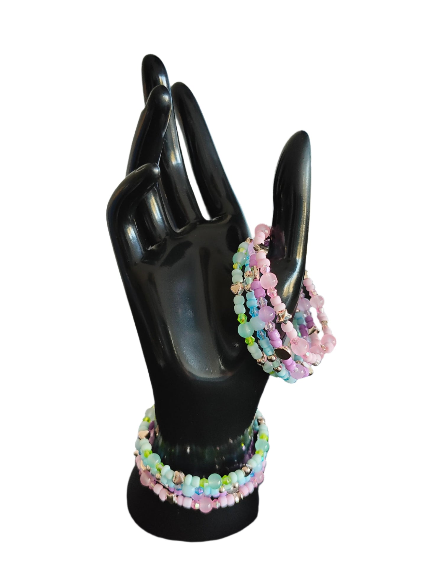 Bracelet - 4 coil Pink, purple, blue, and green beads with  rose gold spacer beads memory wire bracelet