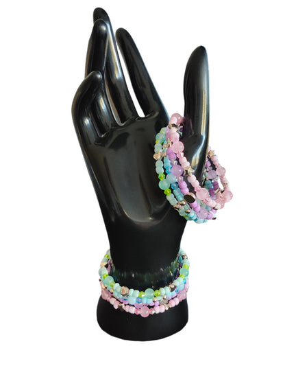 Bracelet - 4 coil Pink, purple, blue, and green beads with  rose gold spacer beads memory wire bracelet