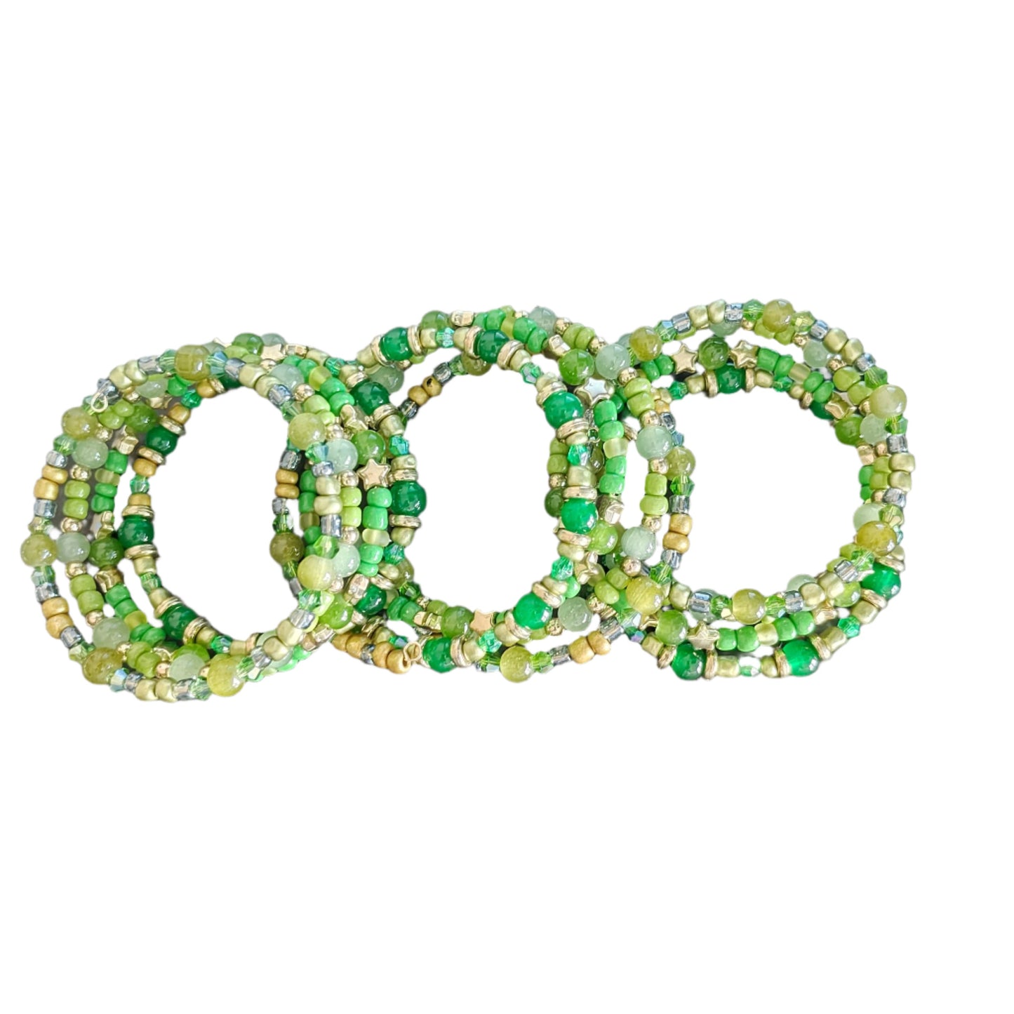 Bracelet - 4 coil Green beads with  gold spacer beads memory wire bracelet