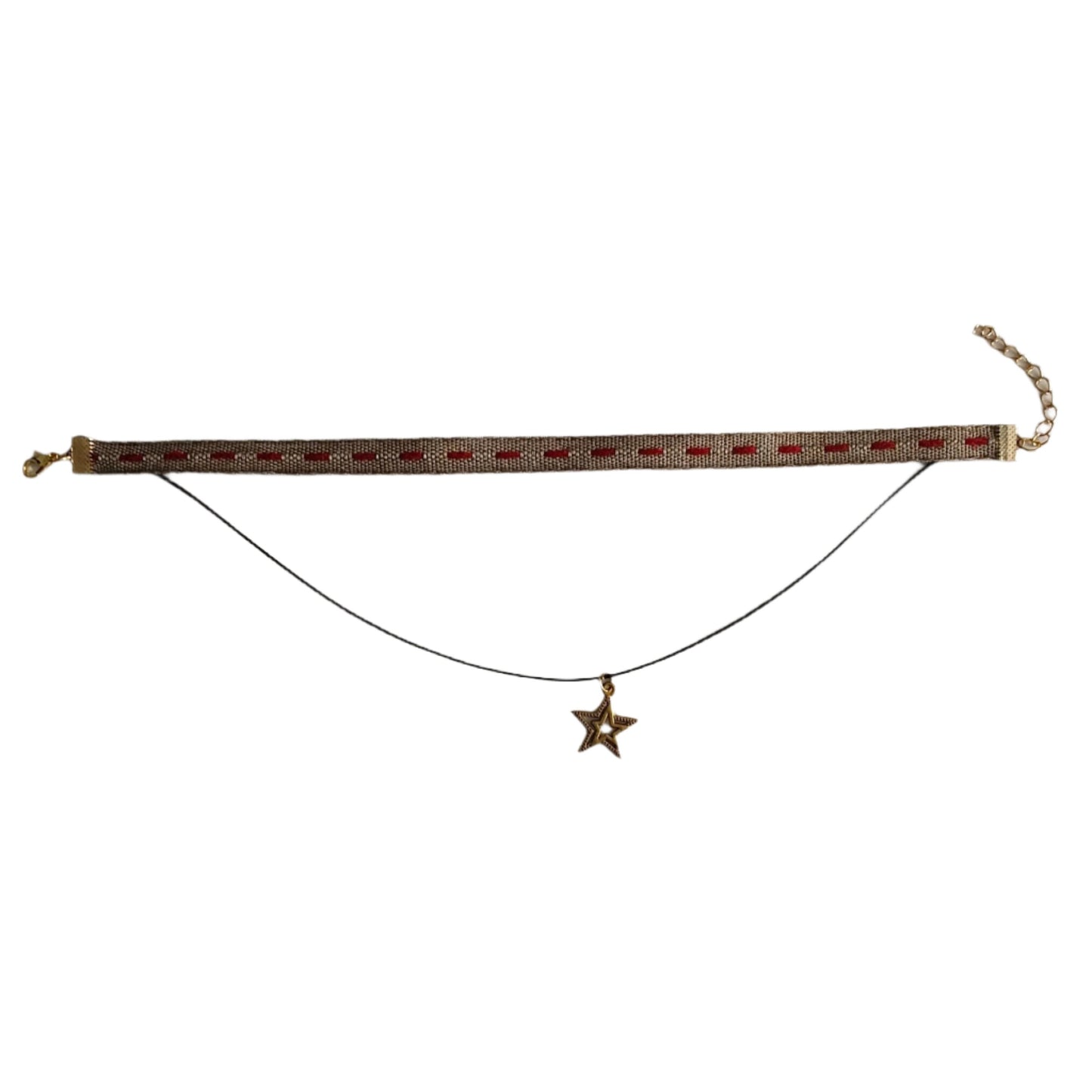 Necklace - Choker brown/red ribbon with one polyester strand and one gold star charm